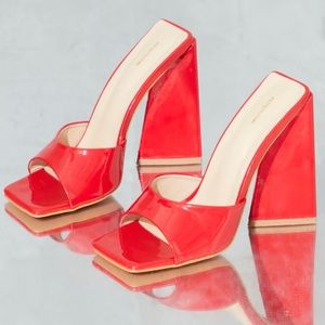 Red High Block Heel Mules